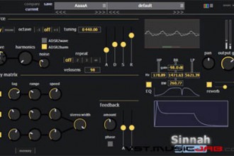 Fra le caratteristiche di Sinnah: 
Sinnah is a VA synth plugin, but instead of the standard subtractive resonant filter it uses a resonant delay network.